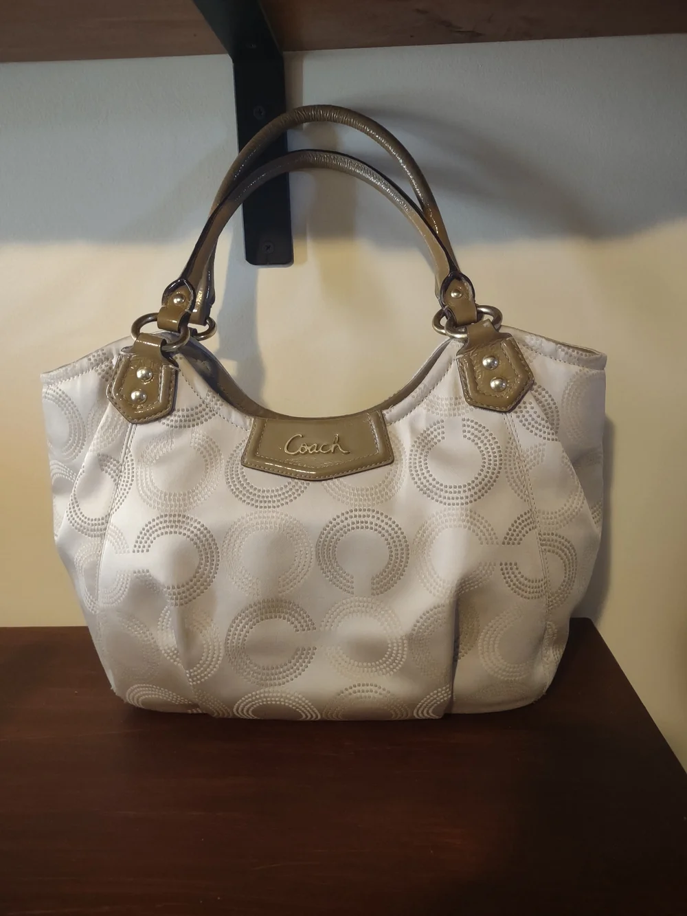 Coach White and Taupe Signature Satchel
